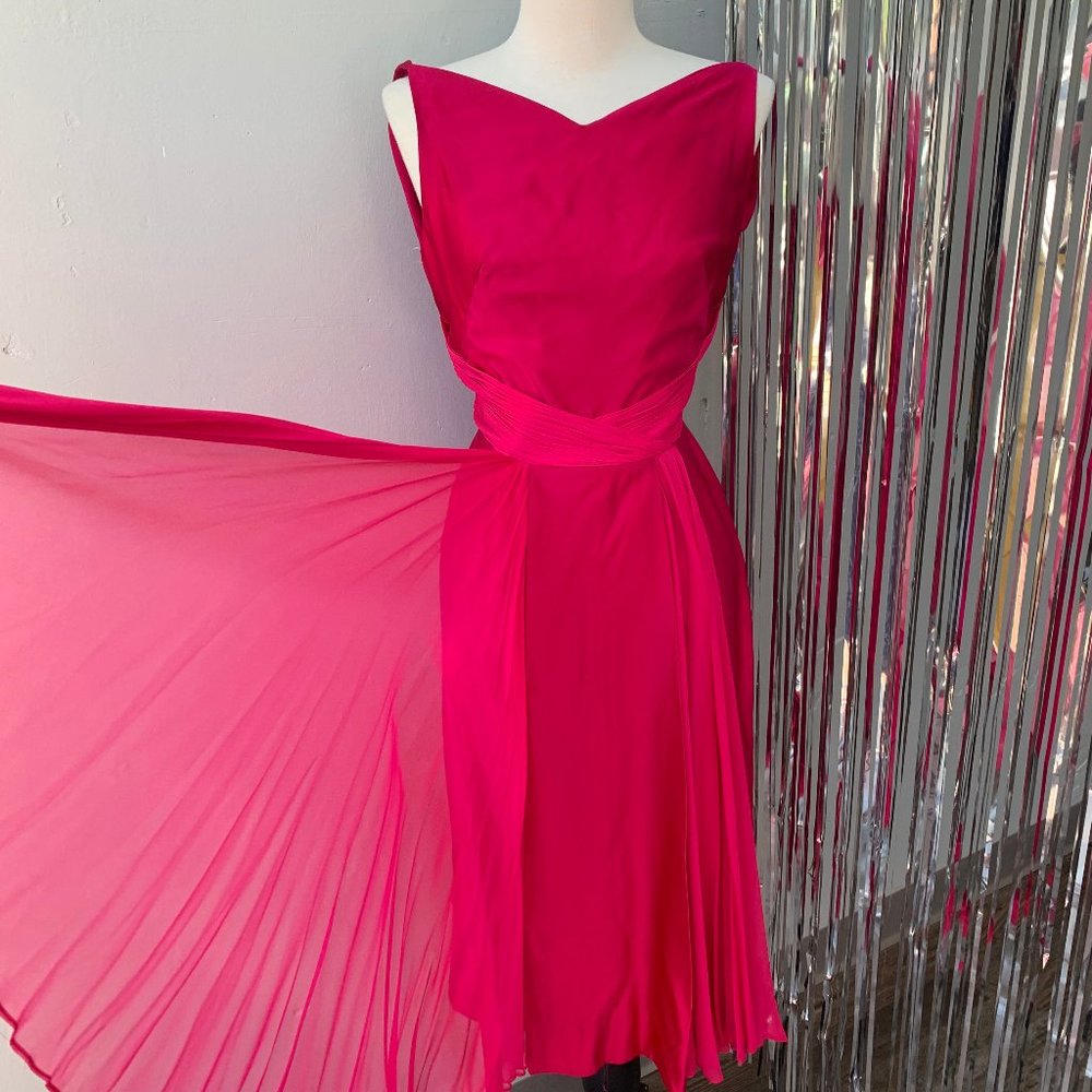 1950s 50s Vintage Magenta Silk Wiggle Dress by "Edward Abbot"